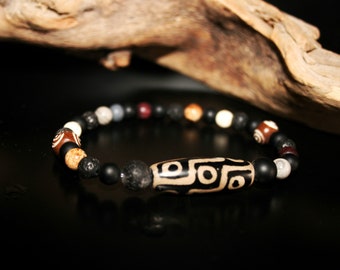 Mens Tibetan Agate Beaded Bracelet - Black Agate bracelet for men - Healing Bracelet - Unisex Wooden Bead Surfer bracelet  Gemstone bracelet