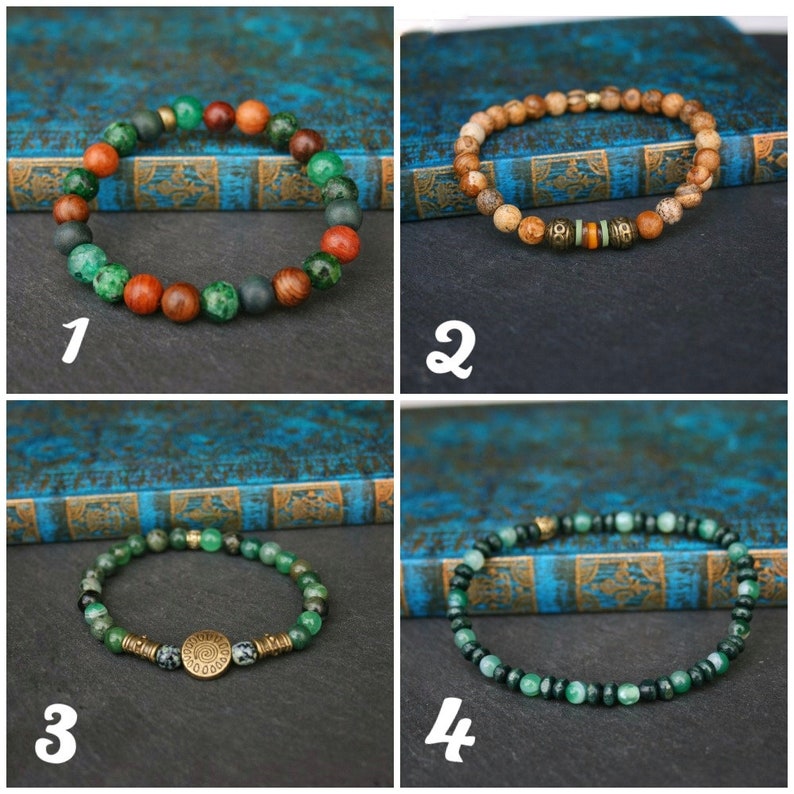 Men stylish bracelet set / Handmade bracelets man / Guys bracelets set / Green bracelet mens / Agate jasper wood beads / Stretch bracelet image 10