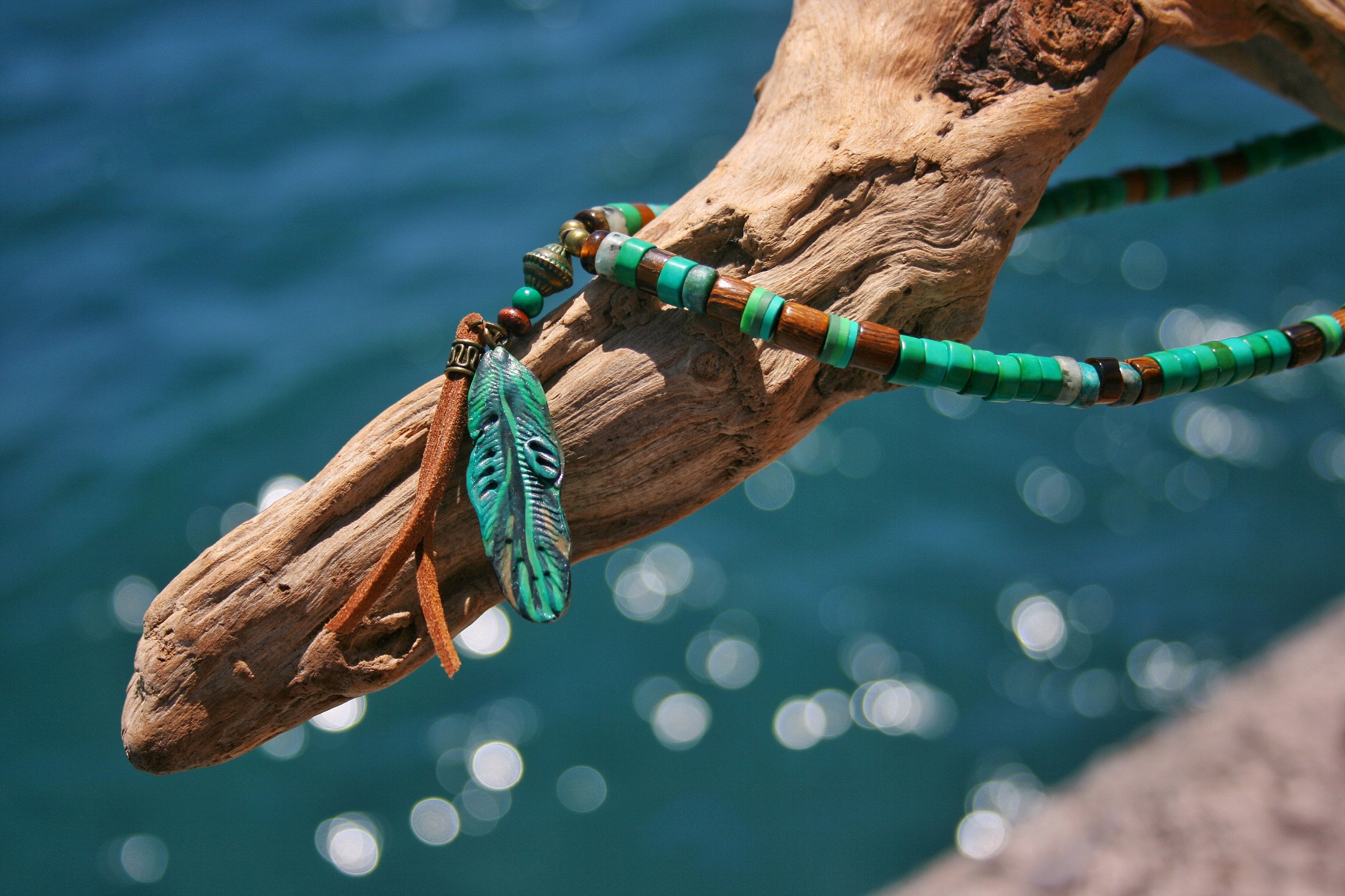 Feather & Green Turquoise Pendant Necklace: Handmade Tribal Chic