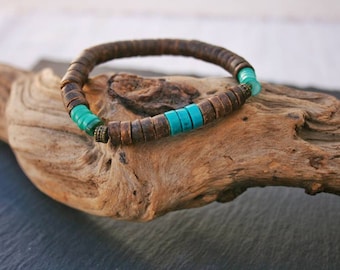 Turquoise & Coconut Beaded Bracelet - Minimalist Mens Jewelry