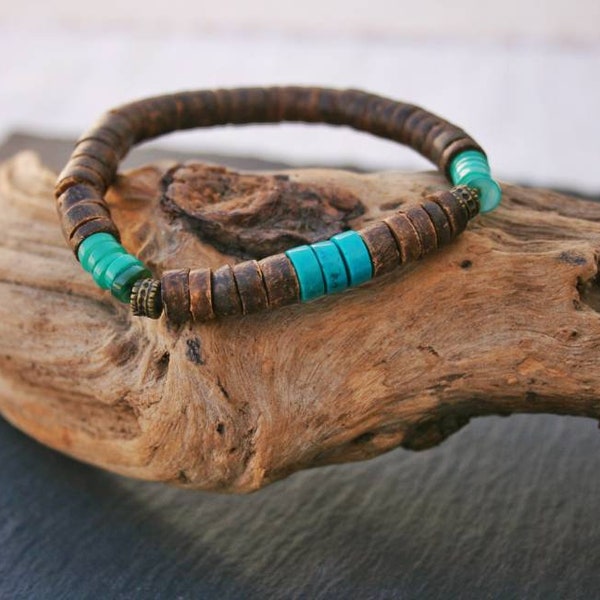 Turquoise man bracelet/ Wooden beaded mens bracelet / Coconuts bead minimalist bracelet for men /  Simple everyday bracelet