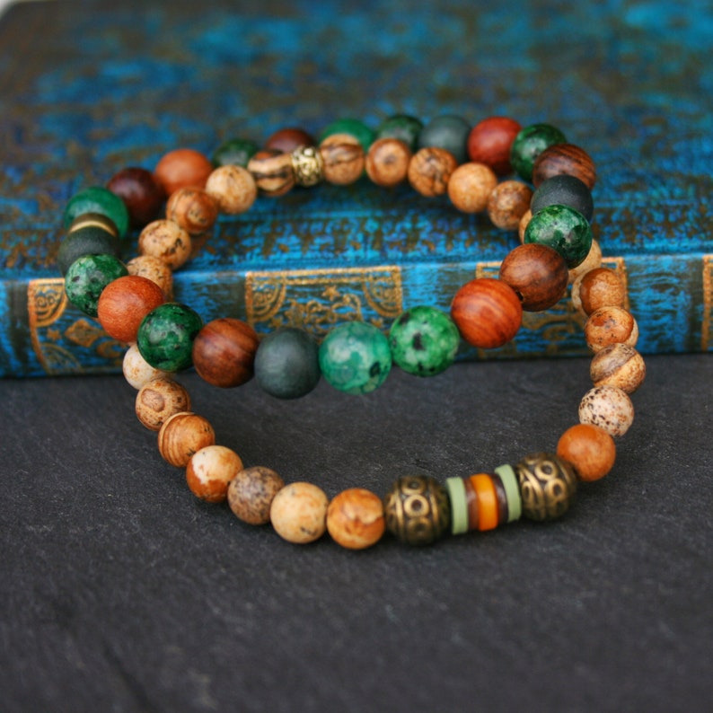 Men stylish bracelet set / Handmade bracelets man / Guys bracelets set / Green bracelet mens / Agate jasper wood beads / Stretch bracelet image 9