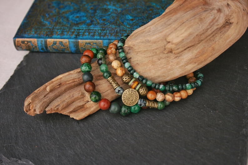 Men stylish bracelet set / Handmade bracelets man / Guys bracelets set / Green bracelet mens / Agate jasper wood beads / Stretch bracelet image 3