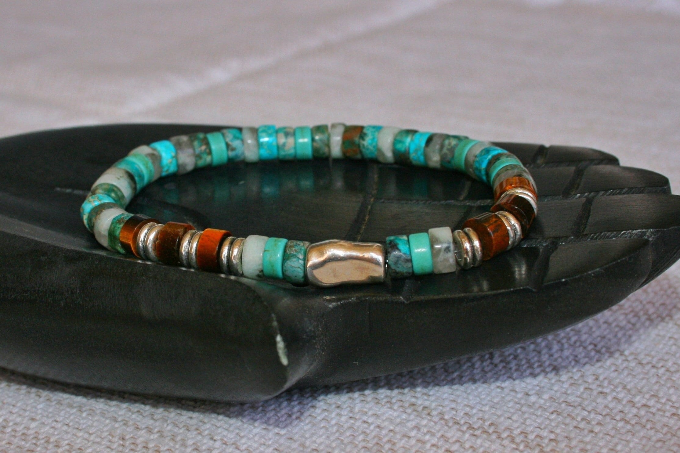 Mens Turquoise Beaded Bracelet: Tiger's Eye Gemstone, Silver Accent