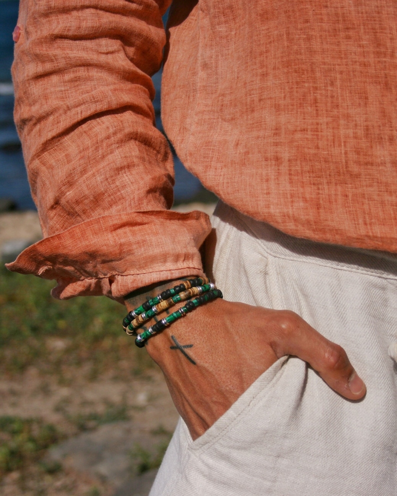 Bracelets Man Set Malachite Coconut / Boho Green Black Coconut Bead Bracelet / Stacking Elegant Bracelet Men / Unique Stretch Bracelets Mens image 7