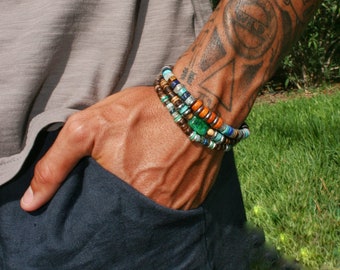 Boho Wooden Coconut Bracelets Men / Natural Gemstone Set Bracelets Man / Chrysocolla Beads Bracelet Mens / Unique Lapis Lazuli Bracelets Man