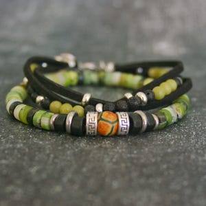 Men's Serpentine Stone Lava Bead Faux Leather Bracelet Set, Handsome Duo Handmade Bracelets Man