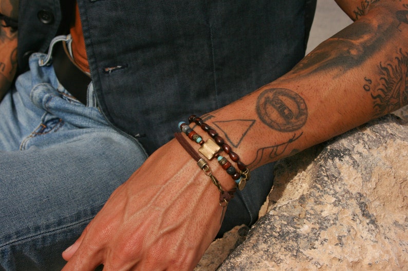 Mens Mala Bracelet Set 3/wooden Bead Leather Cool Etsy
