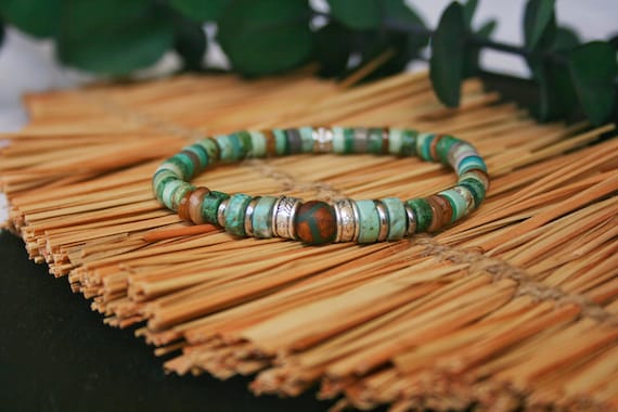 Braccialetto di perline di agata tibetana: pietra turchese verde, gioielli eleganti da uomo - Italia