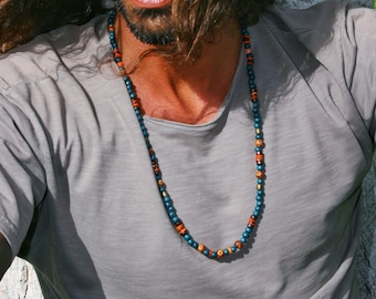 Everyday Simple Beaded Man Necklace /  Long Tibetan Agate Green Necklace Mens / Boho Wooden Necklace / Stylish Yoga Necklace Men / Casual