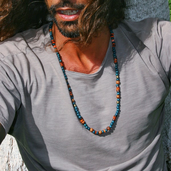 Everyday Simple Beaded Man Necklace /  Long Tibetan Agate Green Necklace Mens / Boho Wooden Necklace / Stylish Yoga Necklace Men / Casual