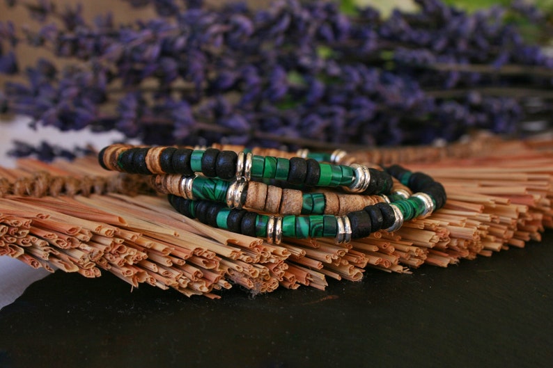 Bracelets Man Set Malachite Coconut / Boho Green Black Coconut Bead Bracelet / Stacking Elegant Bracelet Men / Unique Stretch Bracelets Mens image 2