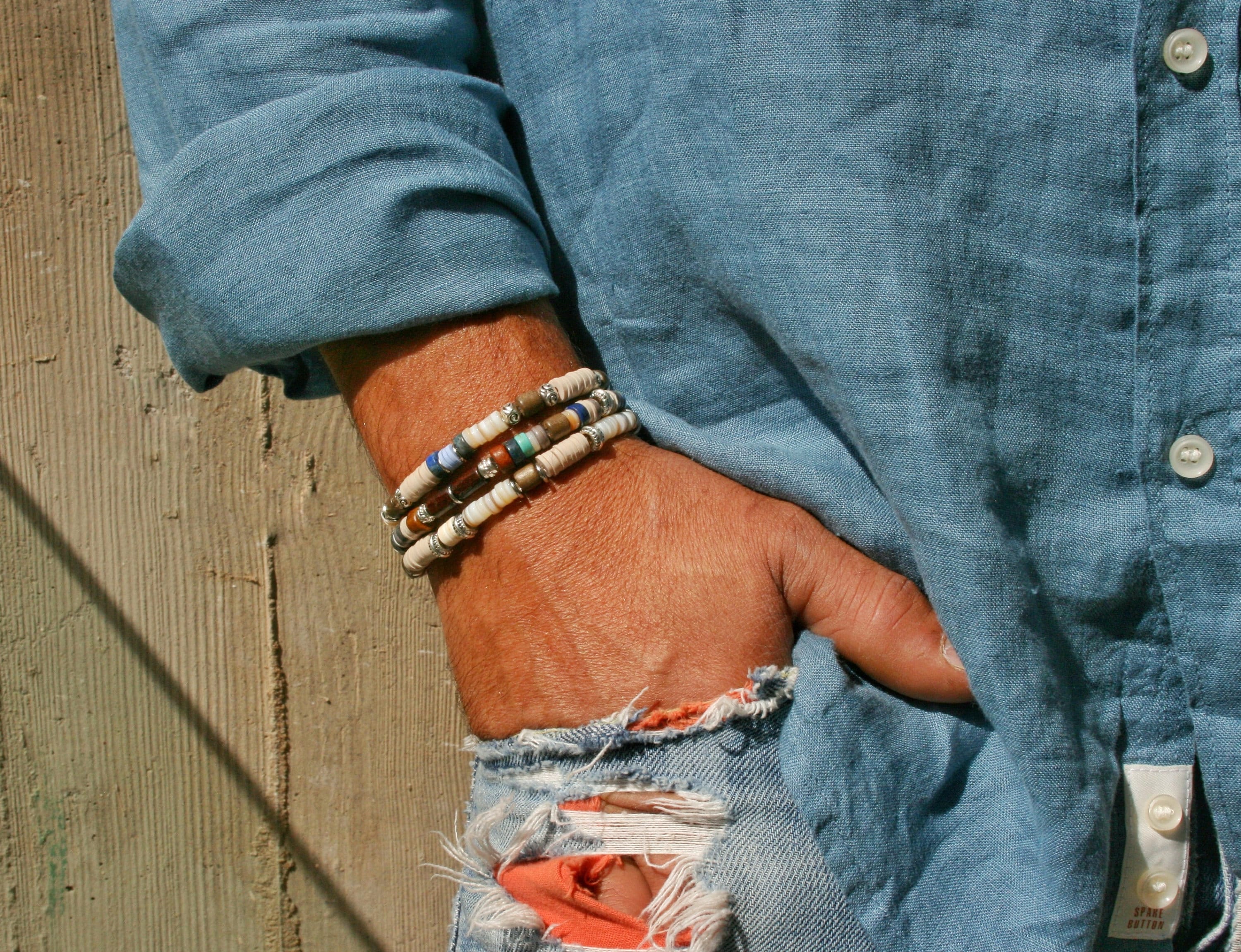 Mens Heishi Bracelet Set: Coconut Wood, Lapis Lazuli, Agate