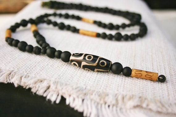 Long Tibetan Agate Mens Necklace Matte Black Beaded Necklace