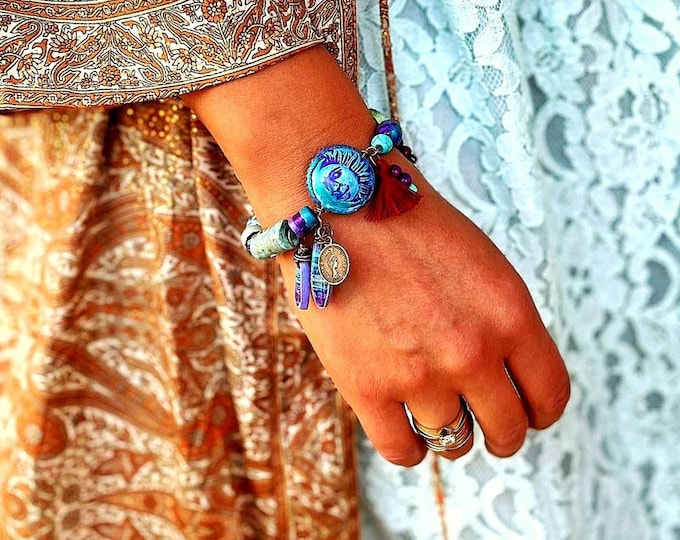 Purple SUN&MOON bracelet.   Bohemian bracelet - Handmade beaded bracelet - southwest stretch bracelet