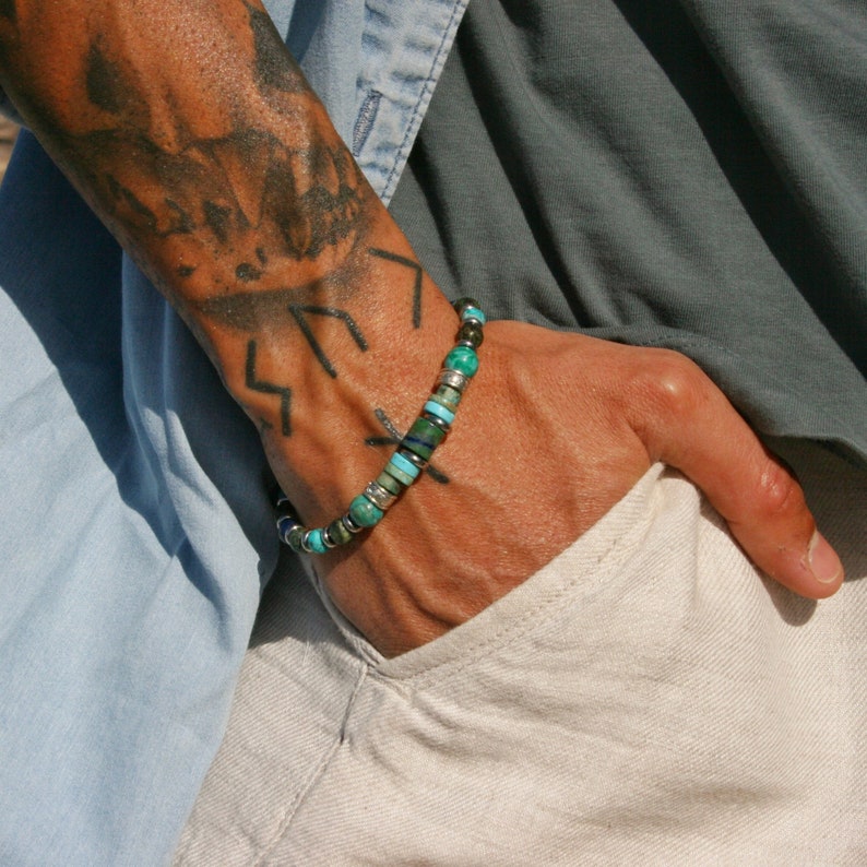 Mens Turquoise kralen edelsteen armband/coole unieke armband mannen/Unisex stijlvolle armband/originele Chrysocolla Jasper chique armband man afbeelding 1