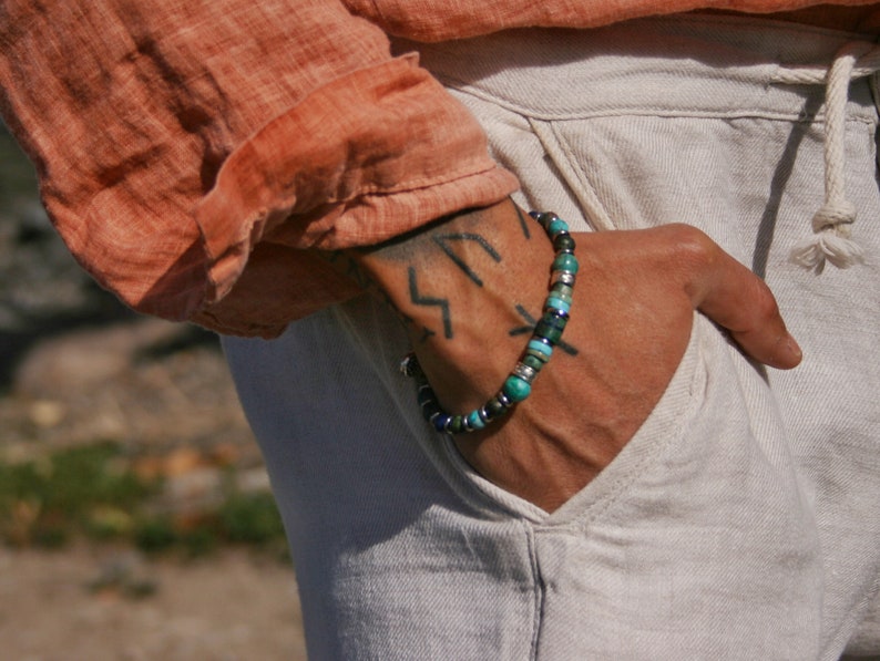 Mens Turquoise kralen edelsteen armband/coole unieke armband mannen/Unisex stijlvolle armband/originele Chrysocolla Jasper chique armband man afbeelding 4