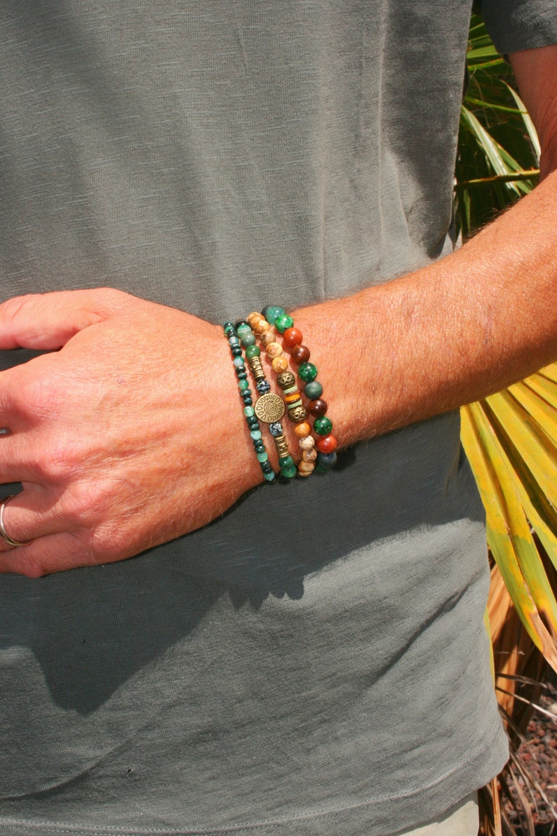 Men stylish bracelet set / Handmade bracelets man / Guys bracelets set / Green bracelet mens / Agate jasper wood beads / Stretch bracelet image 5
