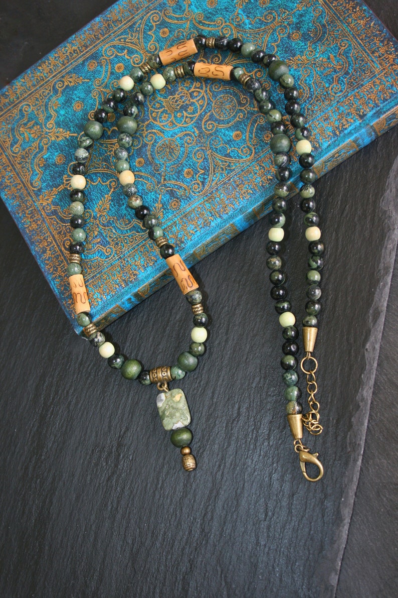 Green Cool Heren ketting Bamboe man ketting Kralen ketting voor mannen Man lange ketting Boho ketting man Jasper ketting man afbeelding 2