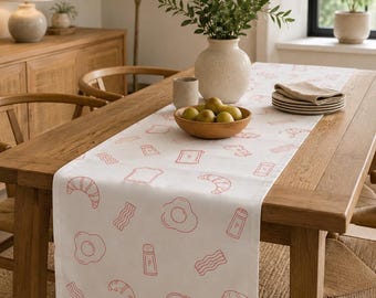 Breakfast Pattern Table Runner | Toast, Bacon, Egg, Croissant Print