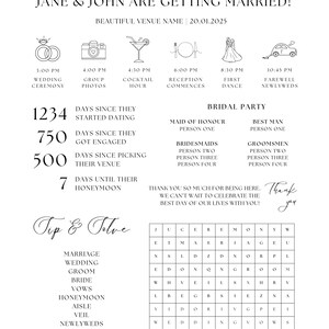 May include: A wedding invitation with a black and white design. The invitation features a countdown to the wedding day, a wedding party list, and a word search puzzle. The text on the invitation reads "Best Day Ever" and "Jane & John are getting married!"