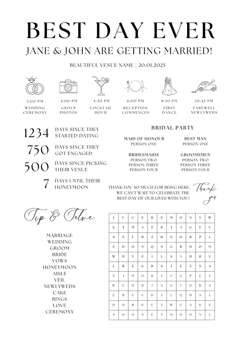 May include: A wedding invitation with a black and white design. The invitation features a countdown to the wedding day, a wedding party list, and a word search puzzle. The text on the invitation reads "Best Day Ever" and "Jane & John are getting married!"