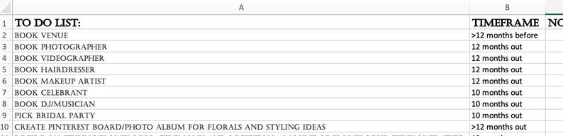 May include: A spreadsheet with a to-do list for wedding planning. The list includes tasks like booking a venue, photographer, videographer, and more. The spreadsheet also includes a timeframe for each task.