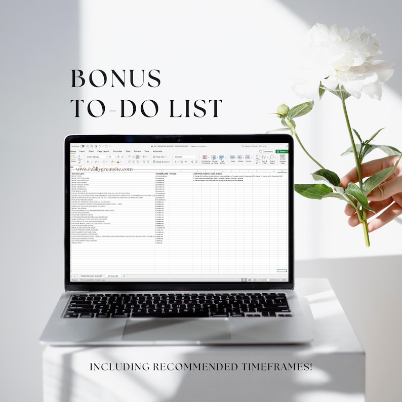May include: A laptop computer displaying a spreadsheet with the title "Bonus To-Do List" and the website address "www.reallygreatsite.com". The spreadsheet includes a list of tasks with recommended timeframes.