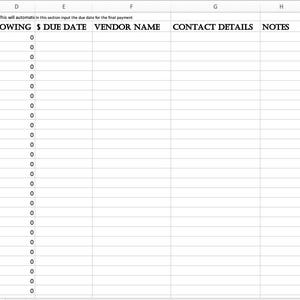 May include: A spreadsheet with columns labeled "Item", "Total Paid", "Owing $", "Due Date", "Vendor Name", "Contact Details", "Notes", "Total Cost", and "Already Paid". The spreadsheet lists various wedding-related expenses, such as venue, photographer, videographer, stylist/florist, and more.