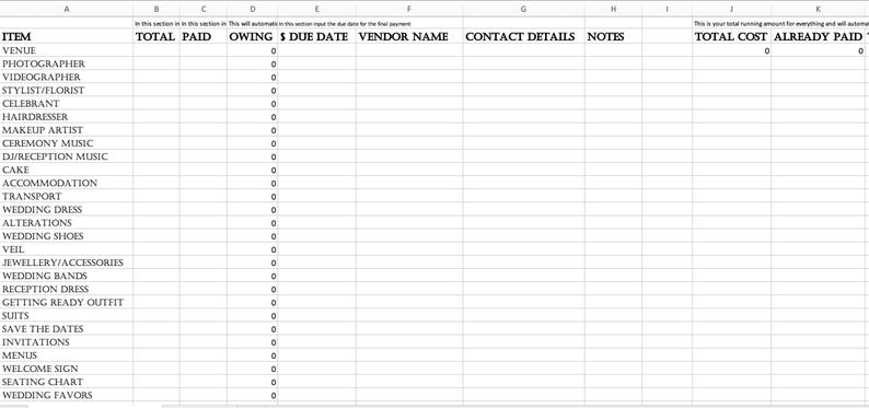 May include: A spreadsheet with columns labeled "Item", "Total Paid", "Owing $", "Due Date", "Vendor Name", "Contact Details", "Notes", "Total Cost", and "Already Paid". The spreadsheet lists various wedding-related expenses, such as venue, photographer, videographer, stylist/florist, and more.