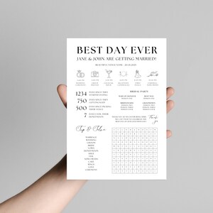 May include: A black and white wedding countdown printable with a wedding-themed word search puzzle. The printable includes the text "Best Day Ever" and "Jane & John are getting married!" along with a list of wedding-related events and dates.