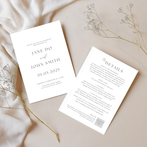 Einfache und Elegante Hochzeitseinladung Vorlage für Canva | FAQs und QR-Code inklusive | 5x7inch | Digitale Datei