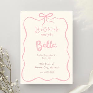 Pink Bow Baby Shower Invitation | Hand Drawn Editable Template | Girl Baby Shower Invite Printable