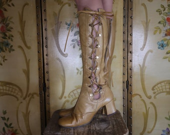 Vintage 1970s Caramel Tan Leather Lace Up Gladiator GoGo Boots Size 7