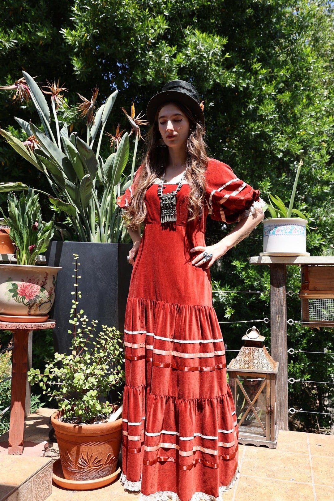 Vintage 1970s Rust Velvet Renaissance Gunne Sax STYLE Prairie Maxi ...