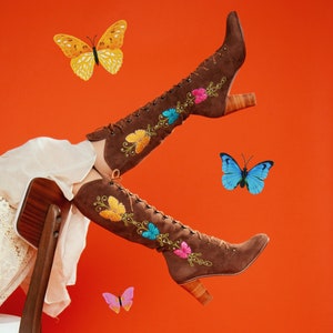 Vintage Style 1970s Embroidered Butterfly Dream Lace Up GOGO Boots