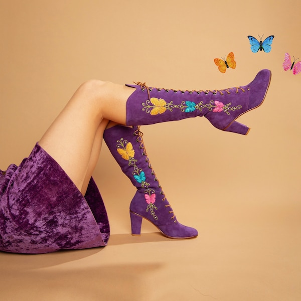 Vintage Style 1970s Purple Embroidered Butterfly Dream Lace Up GOGO Boots