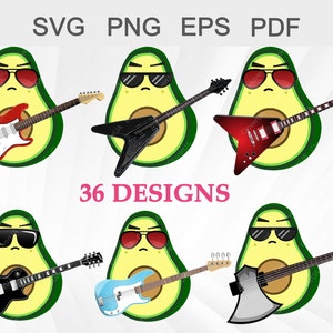 Avocado Rock'n'Roll svg, Guac Roll, lustige niedliche Avocado Clipart, Gitarre, Sonnenbrille, schwere Avocado, T-Shirt Design schneidbar, Cameo
