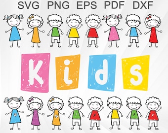 May include: A set of 10 colorful digital clipart images of stick figure children. The images are in a cartoon style and feature children with different hairstyles, clothing, and accessories. The word "KIDS" is written in large, colorful letters below the images.