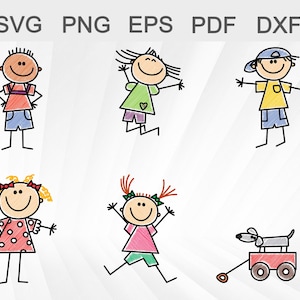 May include: A digital illustration of five stick figures, four children and a dog. The children are drawn in different colours and are wearing different clothes. The dog is grey and is pulling a red wagon. The illustration is on a white background.