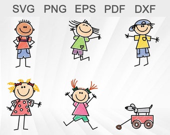 May include: A digital illustration of five stick figures, four children and a dog. The children are drawn in different colors and are wearing different clothes. The dog is gray and is pulling a red wagon. The illustration is on a white background.