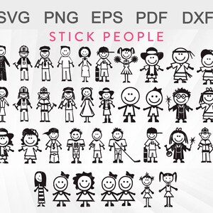 Op de afbeelding: Een set van 36 zwart-witte stick figure illustraties van mensen in verschillende poses en outfits. De illustraties zijn bovenaan gelabeld met "STICK PEOPLE".