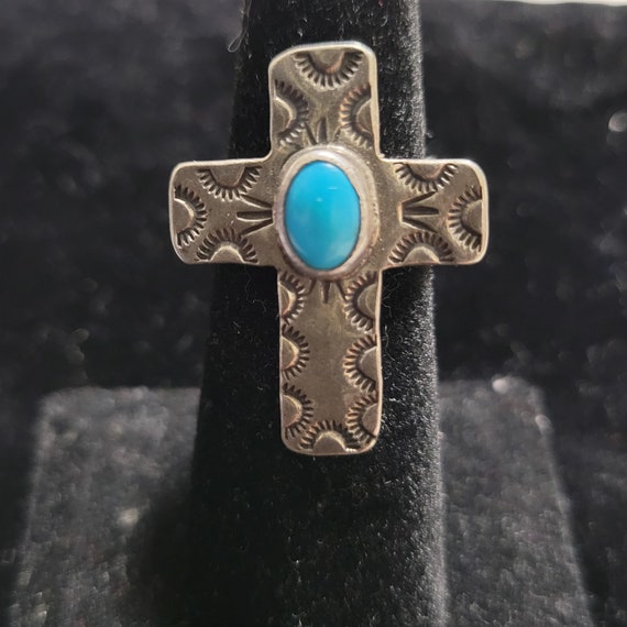 Navajo  Turquoise Sterling Silver Cross Ring - image 1