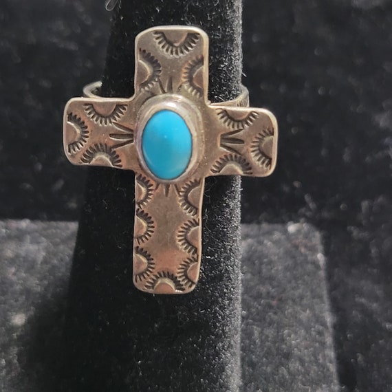 Navajo  Turquoise Sterling Silver Cross Ring - image 2