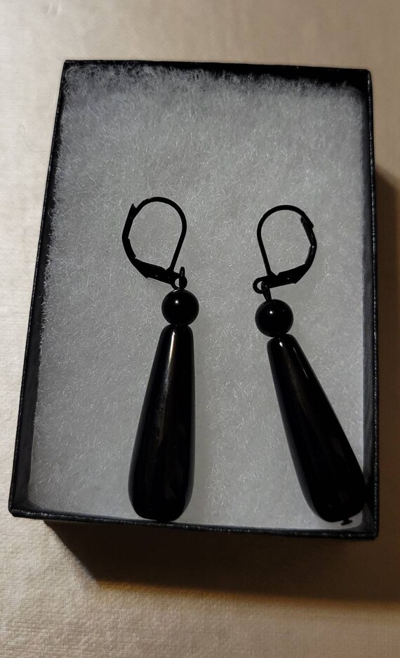 Elegant long Black Onxy teardrop earrings