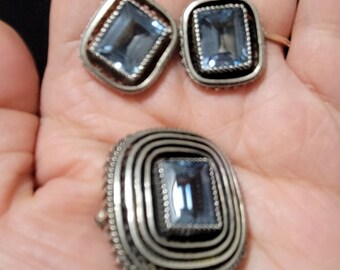 Vintage Square Aquamarine Sterling Silver Brooch and earrings set