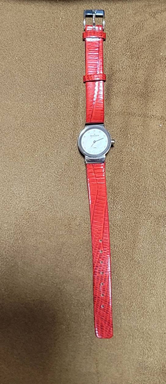 Skagen womens watch 30mm Mother of Pearl Dial Red Leather Band Rhinestones SKAGEN Silver Tone Mother Of Pearl Dial Sub Seconds 30mm  main image 3