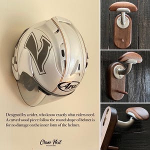 Motorcycle helmet rack, Wall mount, Compact style, Helmet hanger, Helmet storage,  Natural Walnut, Crane Nest original design,
