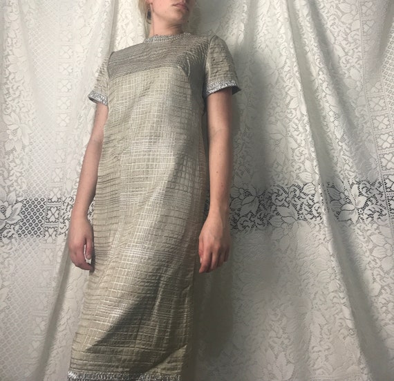 Samuel Spigel Brown and Silver Floral A Line Dress with Bow Med-Lg