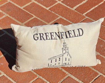 Greenfield NH Pillow | Historic Church Design | Incorporated 1791 | New Hampshire Hometown Decor | Rustic Farmhouse Throw Pillow